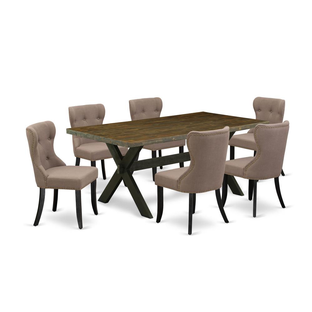East West Furniture X677SI648-7 7-Piece Kitchen Dining Room Set- 6 Parson Dining Room Chairs with Coffee Linen Fabric Seat and Button Tufted Chair Back - Rectangular Table Top & Wooden Cross Legs - Di. Picture 1