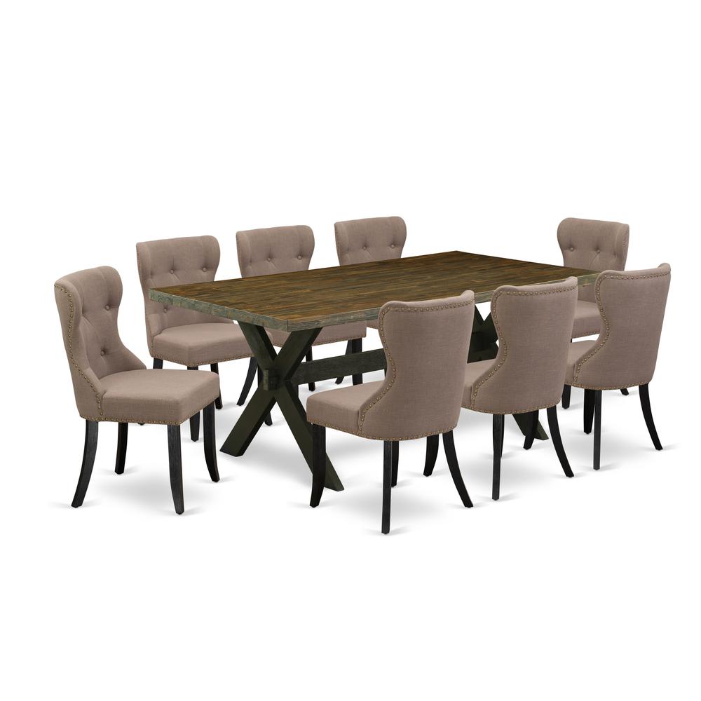 East West Furniture X677SI648-9 9-Pc Dining Room Table Set- 8 Kitchen Chairs with Coffee Linen Fabric Seat and Button Tufted Chair Back - Rectangular Table Top & Wooden Cross Legs - Distressed Jacobea. Picture 1