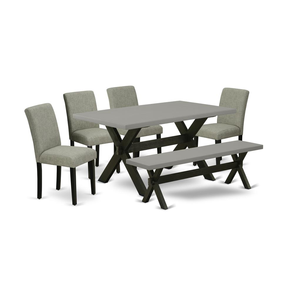 East West Furniture X696AB106-6 6-Pc Kitchen Table Set - 4 Dining Chairs, a Dining Bench Cement Top and 1 Modern Cement Dining Table Top with High Chair Back - Linen White Finish. Picture 1