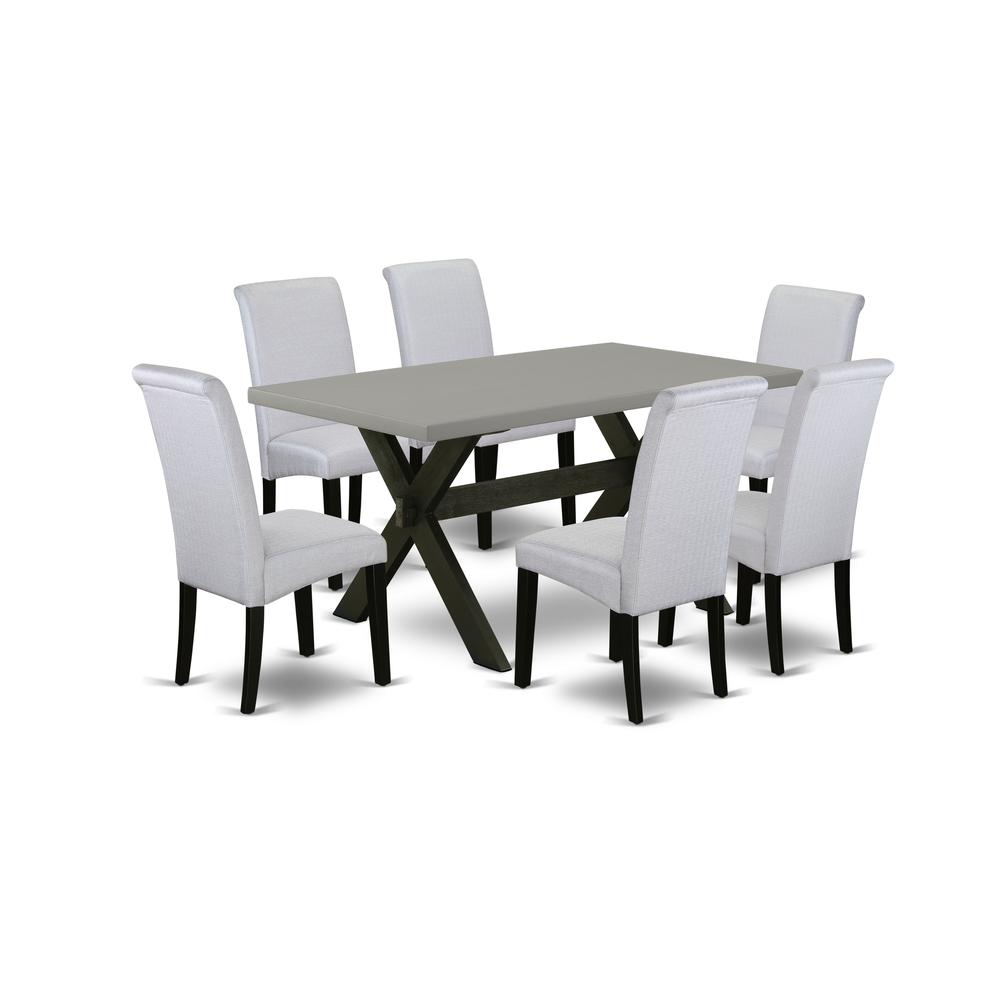 East West Furniture X696BA105-7 7-Pc Kitchen Dining Room Set - 6 Upholstered Dining Chairs and 1 Modern Cement Dining Table Top with High Roll Chair Back – Wire Brushed Black Finish. Picture 1