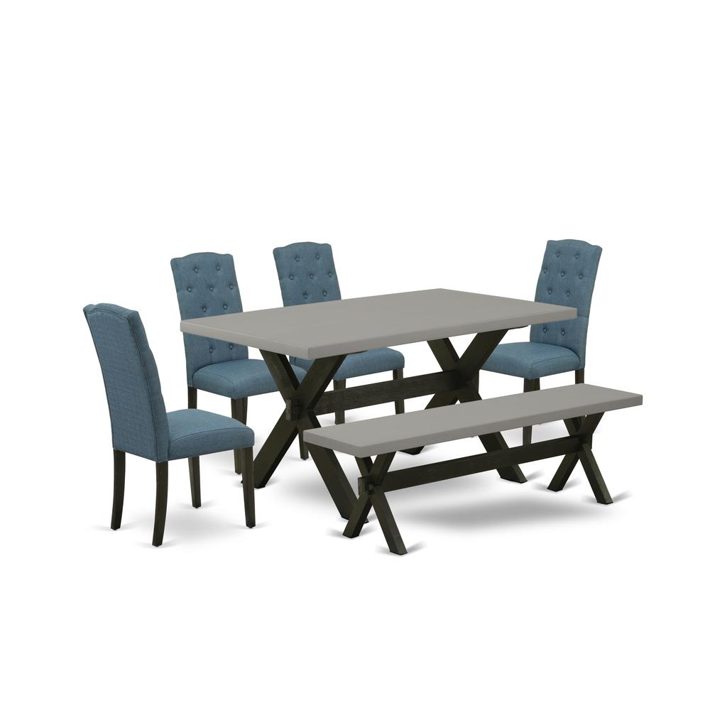 East West Furniture 6 Piece Table Set Includes a Cement Wooden Dining Table and a Dining Room Bench, 4 Blue Linen Fabric Dining Chairs with Button Tufted Back - Wire Brushed Black Finish. Picture 1