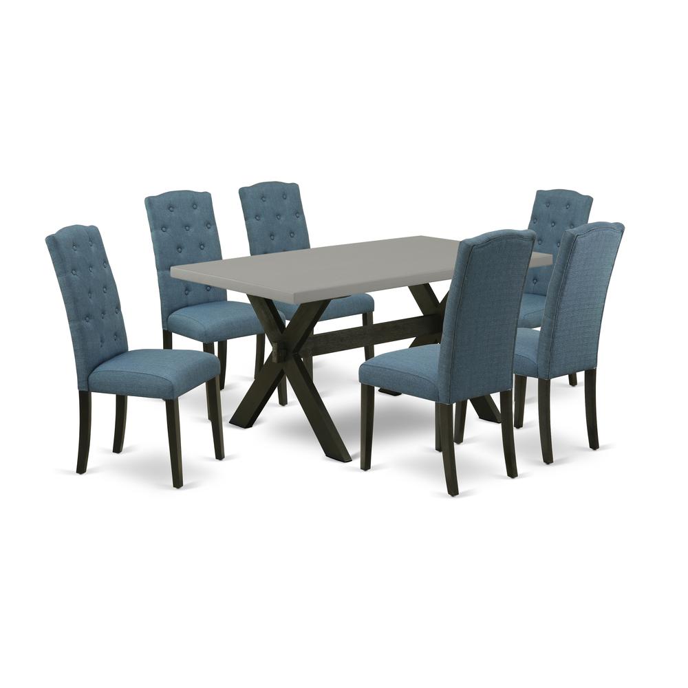 East West Furniture X696CE121-7 7-Pc Kitchen Table Set - 6 Padded Parson Chairs and 1 Modern Rectangular Cement Dining Table Top with Button Tufted Chair Back - Wire Brushed Black Finish. Picture 1