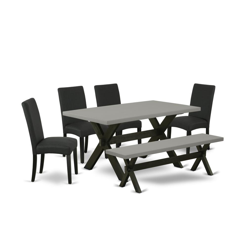 East West Furniture 6-Pc Modern Dining Set- 4 Mid Century Dining Chairs with Black Linen Fabric Seat and Stylish Chair Back - Rectangular Top & Wooden Cross Legs Wood Kitchen Table and Bench - Cement. Picture 1