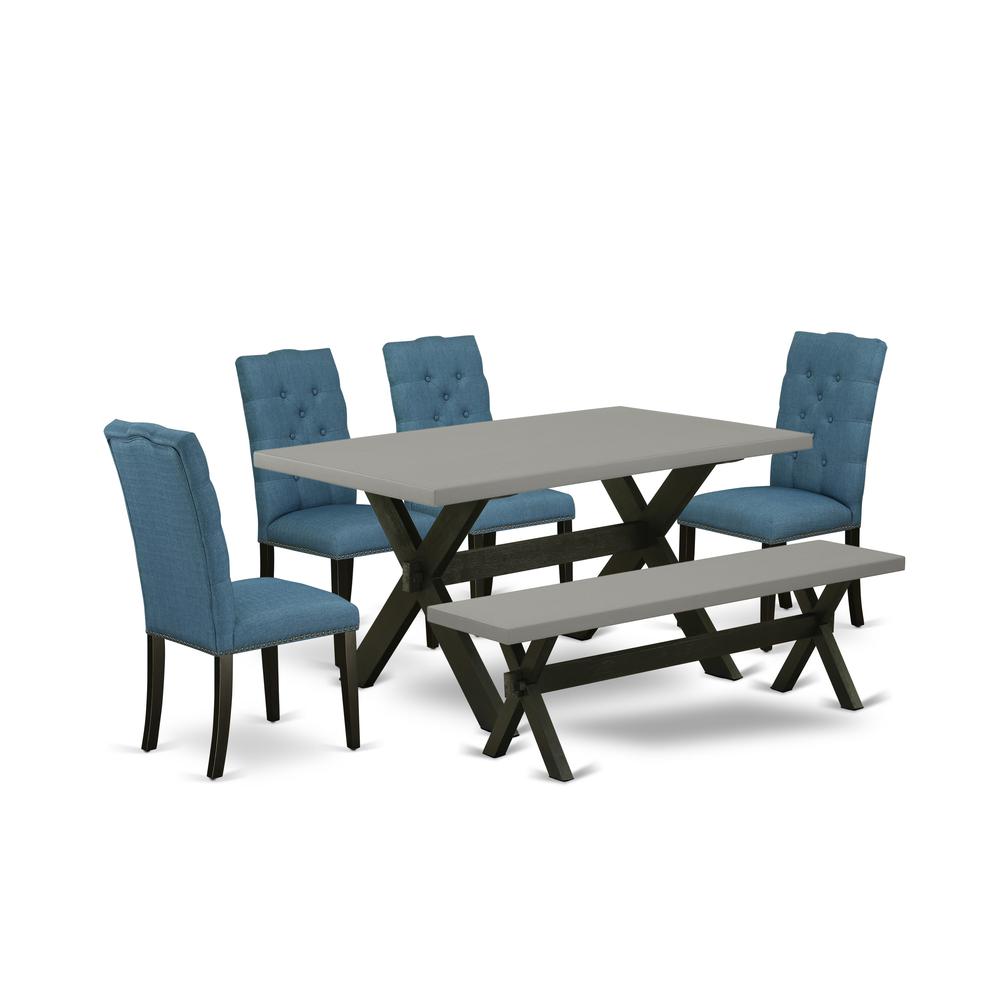 East West Furniture 6-Piece Fashionable Dining Set an Outstanding Cement Color rectangular Table Top and Cement Color Dining Bench and 4 Attractive Linen Fabric Kitchen Parson Chairs with Nail Heads a. Picture 1