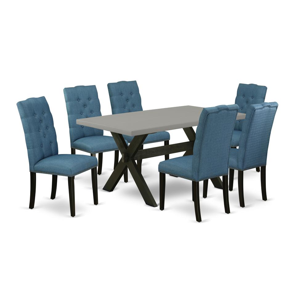 East West Furniture 7-Piece Gorgeous a Superb Cement Color Modern Dining Table Top and 6 Beautiful Linen Fabric Dining Room Chairs with Nail Heads and Button Tufted Chair Back, Wire Brushed Black Fini. Picture 1