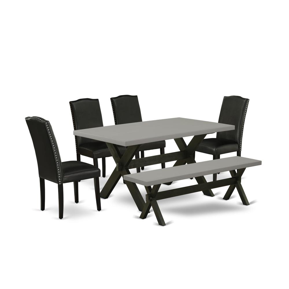 East West Furniture 6 Pc Dining Room Table Set Includes a Cement Wooden Dining Table and a Modern Bench, 4 Black PU Leather Parson Chairs with High Back - Wire Brushed Black Finish. Picture 1