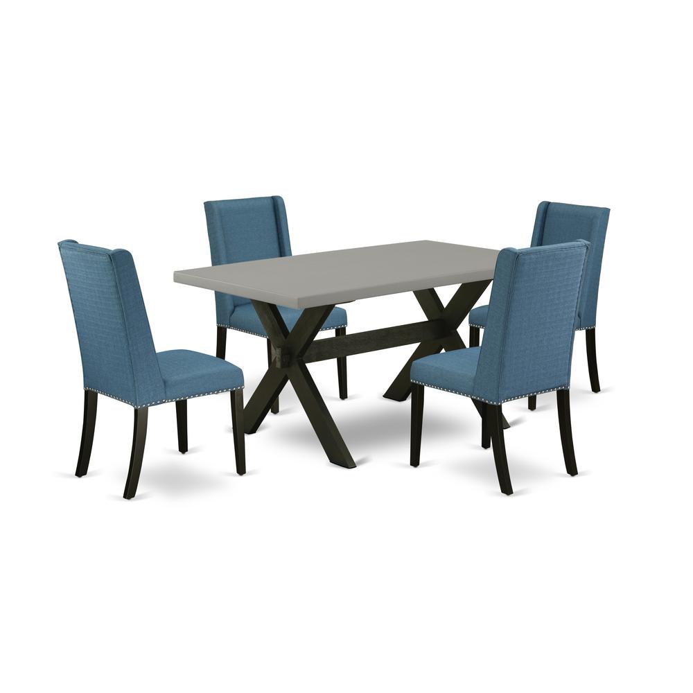 East West Furniture 5-Pc Dining Set Included 4 Dining chairs Upholstered Nails Head Seat and Stylish Chair Back and Rectangular Dining room Table with Cement Color Dining room Table Top - Black Finish. Picture 1