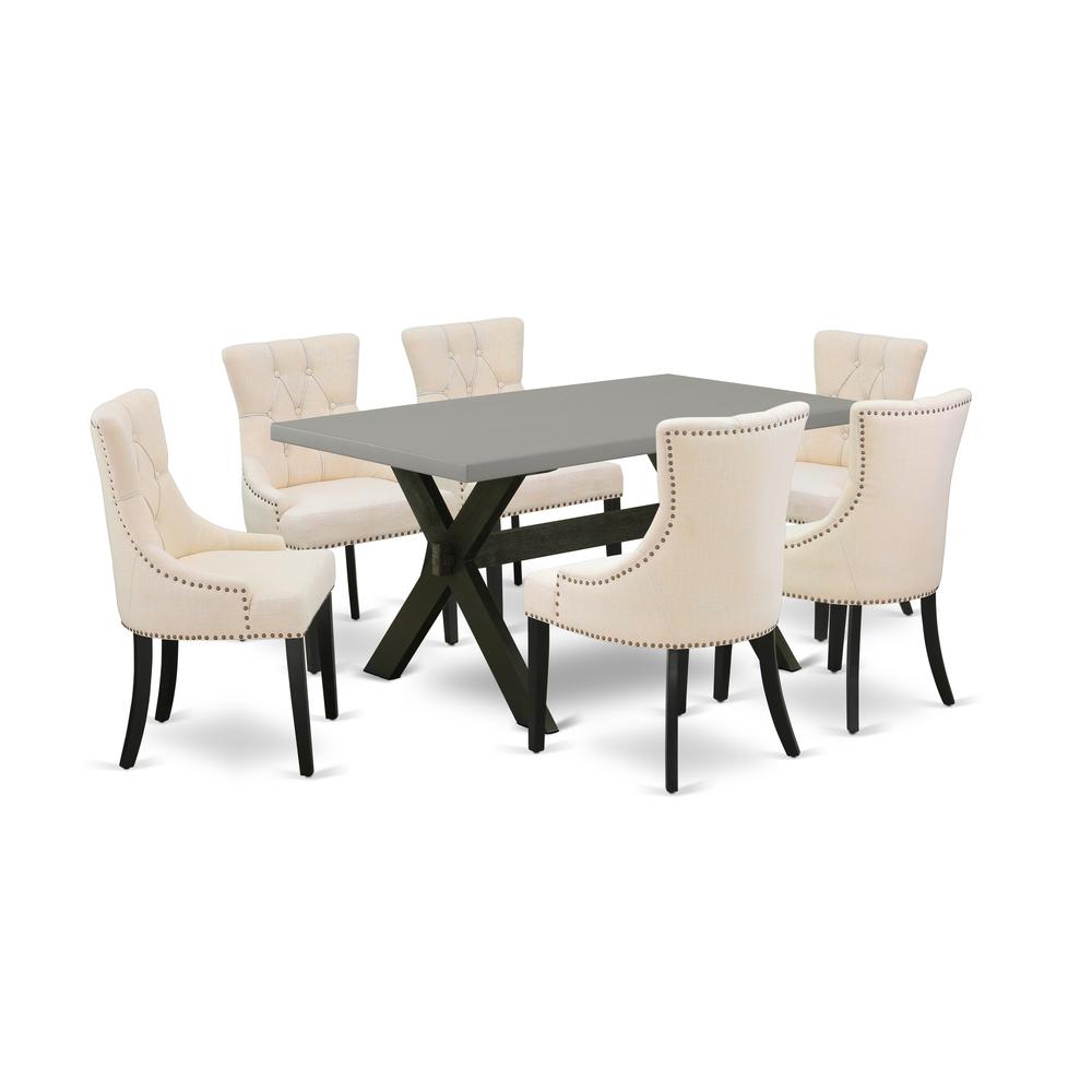 East West Furniture X696FR102-7 7-Pc Dining Table Set - 6 Dining Chairs and 1 Modern Rectangular Cement Dining Room Table Top with Button Tufted Chair Back - Wire Brushed Black Finish. Picture 1