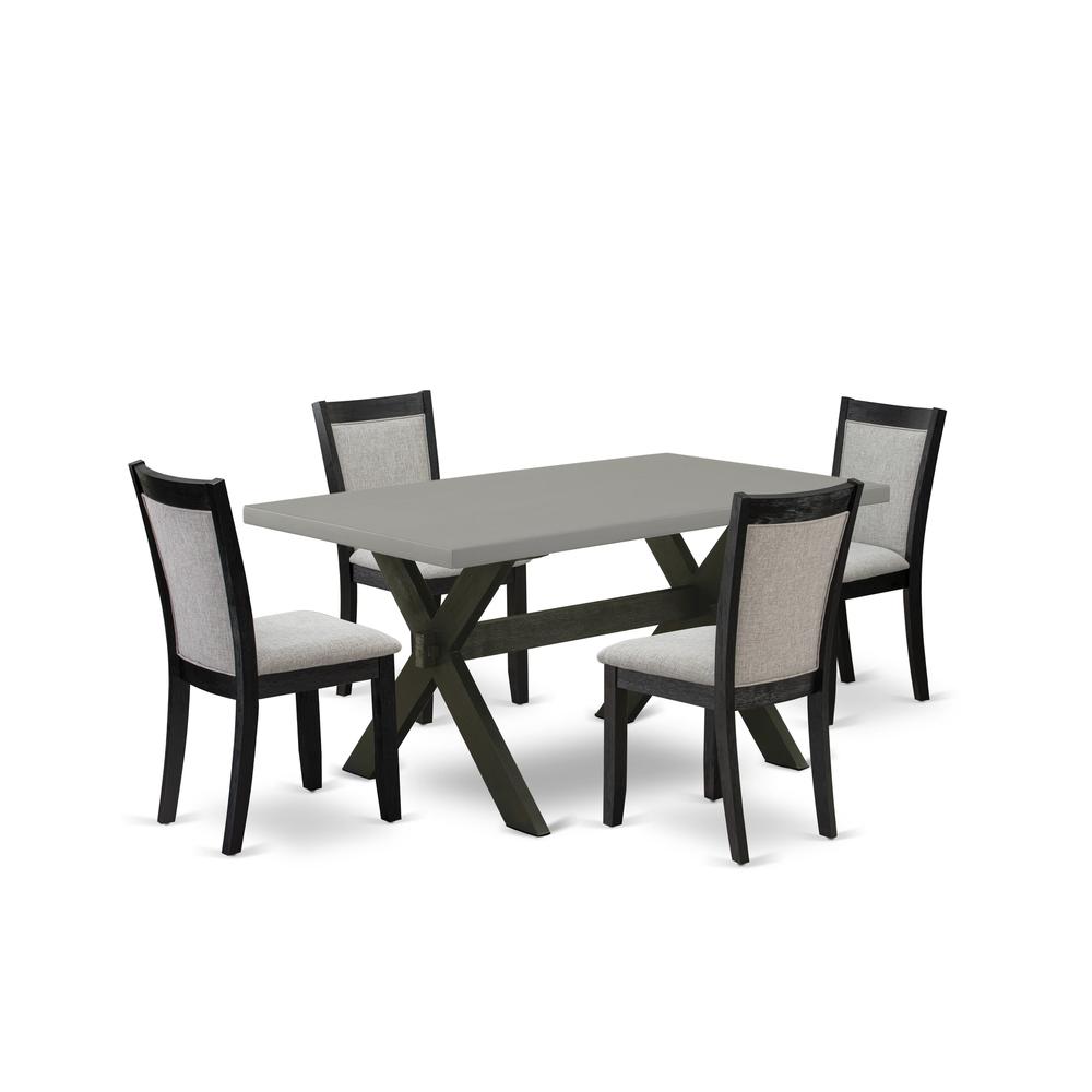East West Furniture 5 Piece Dining Set - Cement Top Mid Century Modern Dining Table with Trestle Base and 4 Shitake Linen Fabric Kitchen Chairs - Wire Brushed Black Finish. Picture 1