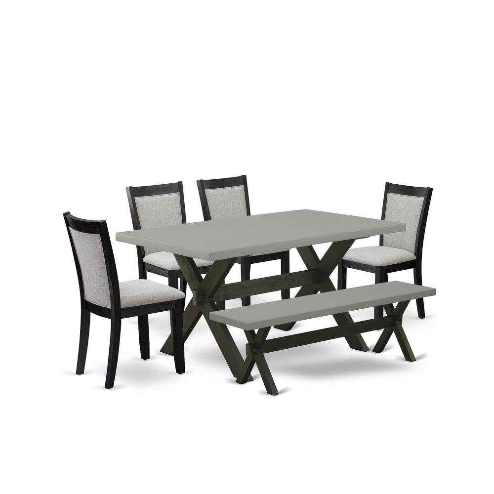 East West Furniture 6 Piece Kitchen Table Set - A Cement Top Kitchen Table with Small Wood Bench and 4 Shitake Linen Fabric Upholstered Wooden Dining Chairs - Wire Brushed Black Finish. Picture 1