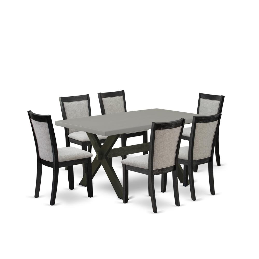 East West Furniture 7 Piece Dining Room Set - A Cement Top Wood Dining Table with Trestle Base and 6 Shitake Linen Fabric Wood Dining Chairs - Wire Brushed Black Finish. Picture 1