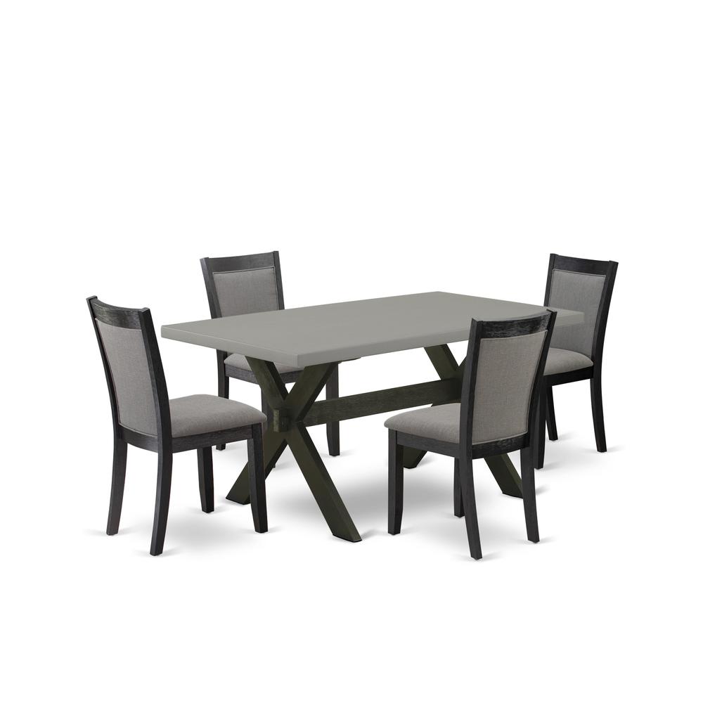 East West Furniture 5 Piece Modern Dining Set - A Cement Top Kitchen Table with Trestle Base and 4 Dark Gotham Grey Linen Fabric Dining Chairs - Wire Brushed Black Finish. Picture 1