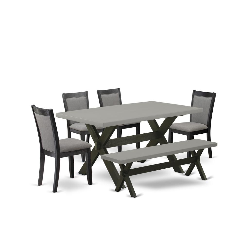 East West Furniture 6 Piece Modern Dining Set - A Cement Top Wood Dining Table with a Bench and 4 Dark Gotham Grey Linen Fabric Upholstered Dining Chairs - Wire Brushed Black Finish. Picture 1