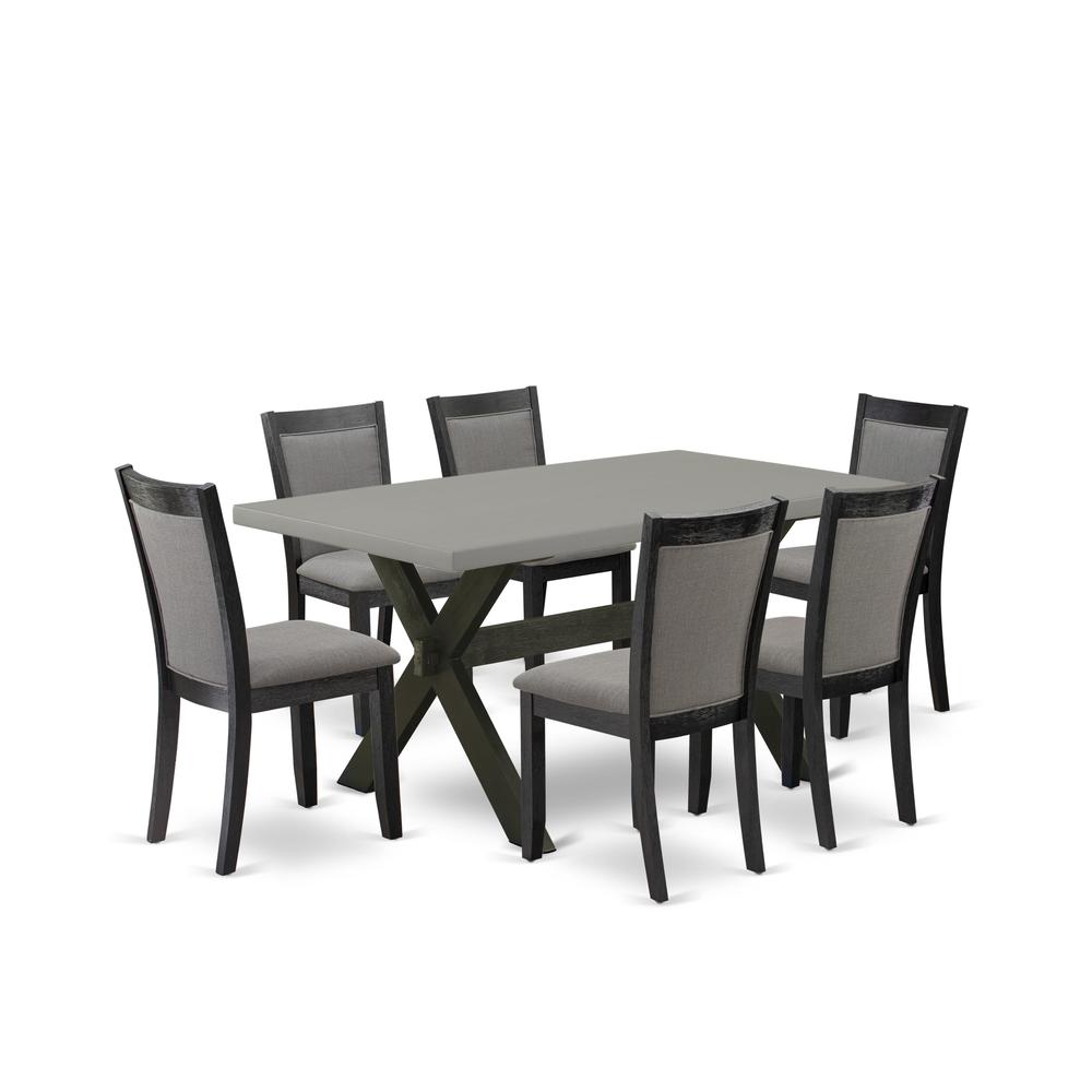 East West Furniture 7 Piece Dining Room Table Set - A Cement Top Mid Century Dining Table with Trestle Base and 6 Dark Gotham Grey Linen Fabric Parson Chairs - Wire Brushed Black Finish. Picture 1
