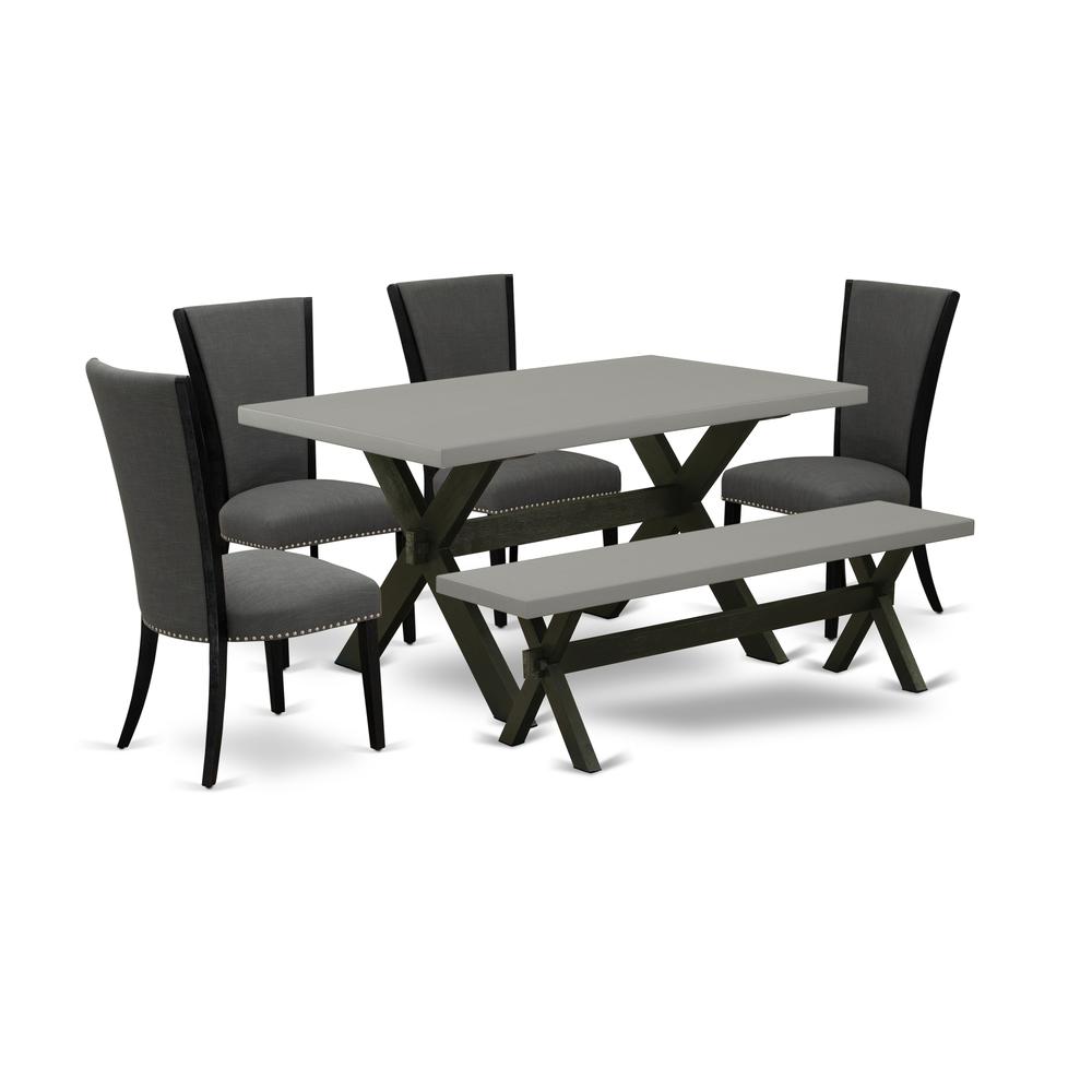 East West Furniture X696VE650-6 6 Piece Mid Century Dining Set - 4 Dark Gotham Grey Linen Fabric Comfortable Chair with Nailheads and Cement Kitchen Table - 1 Dining Room Bench - Black Finish. Picture 1