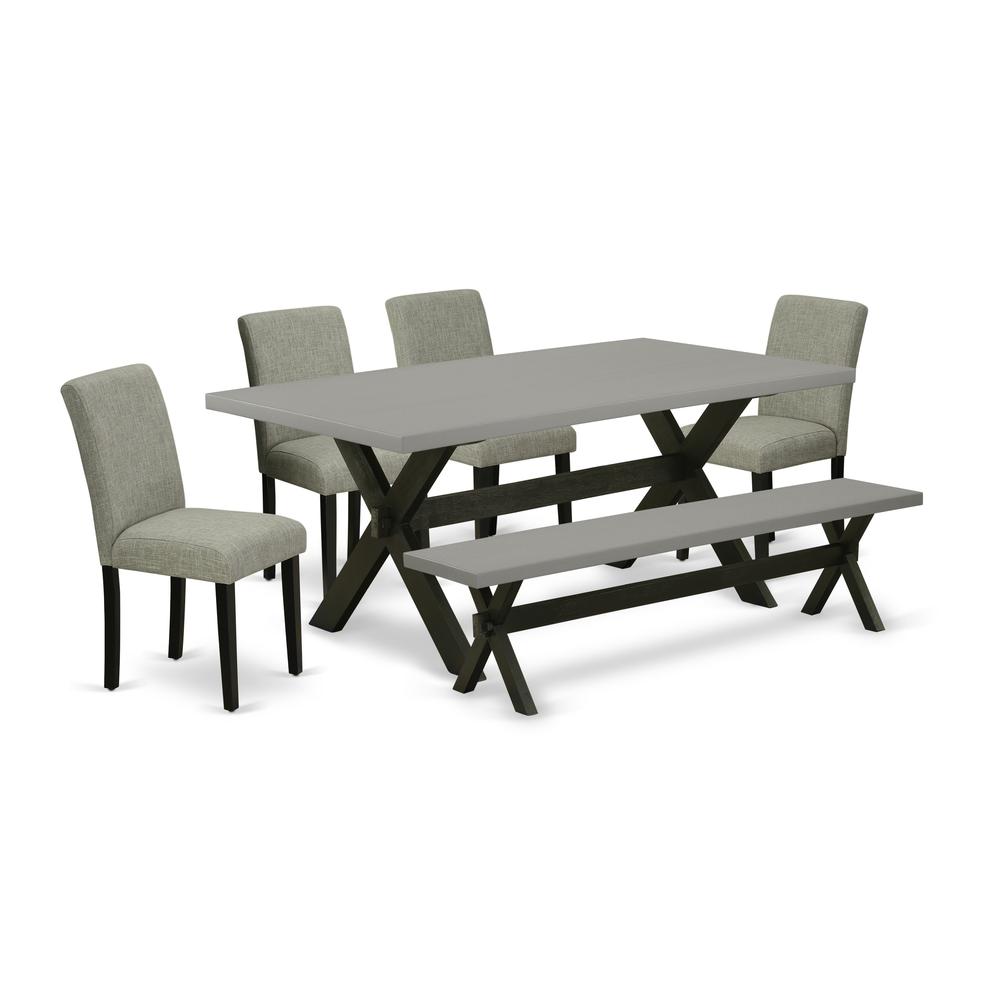 East West Furniture X697AB106-6 6-Pc Dining Set - 4 Dining Chairs, a Wood Bench Cement Top and 1 Modern Cement Kitchen Dining Table Top with High Chair Back - Wire Brushed Black Finish. Picture 1