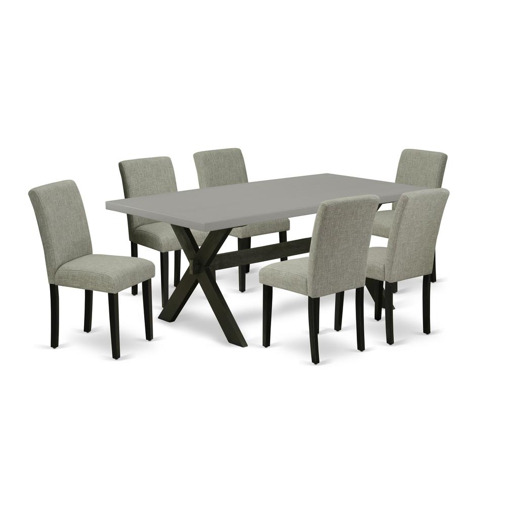 East West Furniture X697AB106-7 7-Pc Dining Table Set - 6 Kitchen Chairs and 1 Modern Rectangular Cement Wood Dining Table Top with High Chair Back - Wire Brushed Black Finish. Picture 1