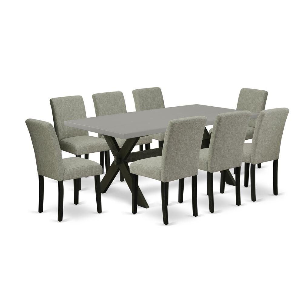 East West Furniture X697AB106-9 9 Pc Dining Room Set - 8 Mid Century Dining Chairs and 1 Modern Rectangular Cement Wood Dining Table Top with High Chair Back - Wire Brushed Black Finish. Picture 1