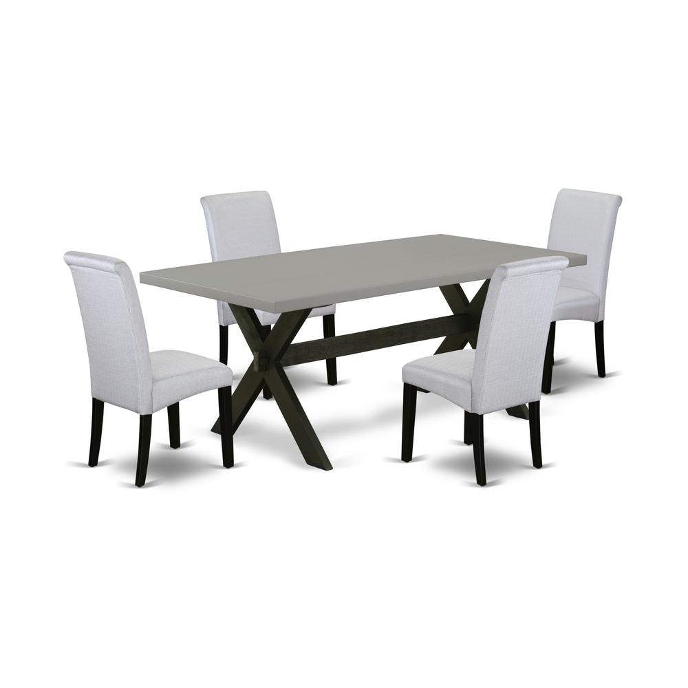 East West Furniture X697BA105-5 5-Pc Dining Room Table Set - 4 Parson Dining Chairs and 1 Modern Rectangular Cement Kitchen Table Top with High Roll Chair Back - Wire Brushed Black Finish. Picture 1
