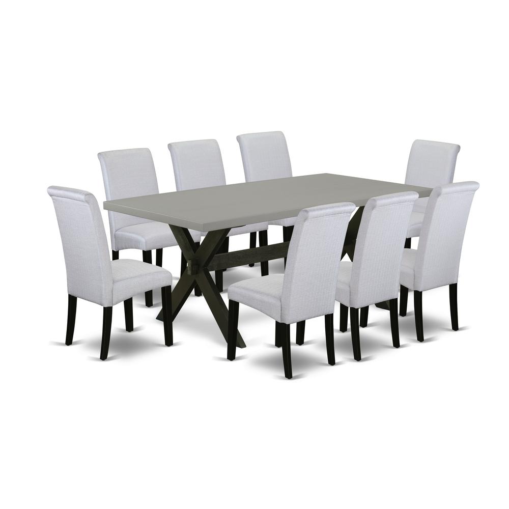 East West Furniture X697BA105-9 9-Pc Dinette Room Set - 8 Mid Century Dining Chairs and 1 Modern Cement Kitchen Dining Table Top with High Roll Chair Back - Wire Brushed Black Finish. Picture 1