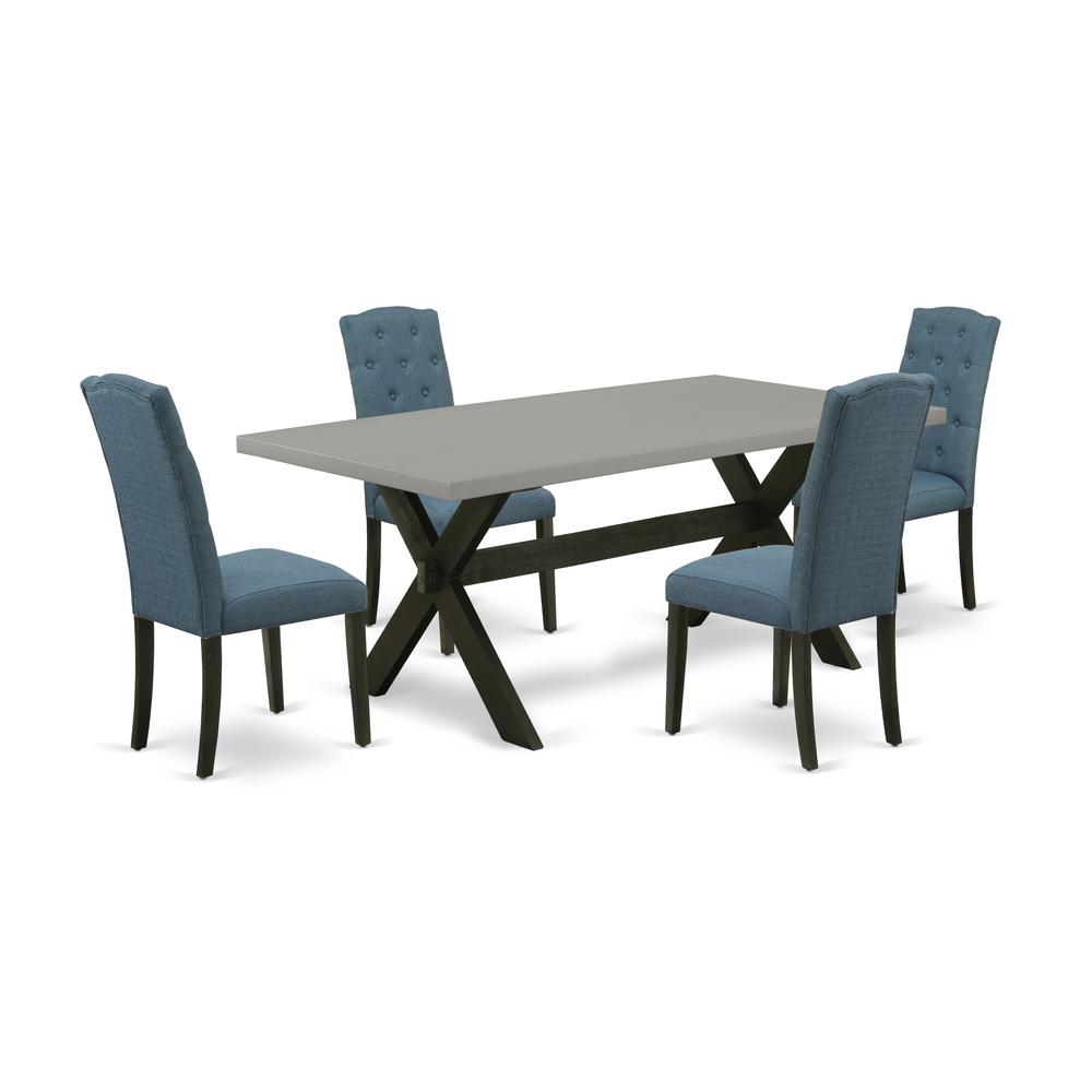 East West Furniture X697CE121-5 5-Pc Modern Dining Table Set - 4 Dining Chairs and 1 Modern Cement Dining Table Top with Button Tufted Chair Back - Wire Brushed Black Finish. Picture 1