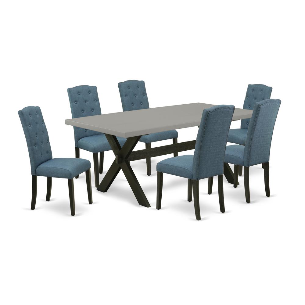 East West Furniture X697CE121-7 7-Pc Dining Room Table Set - 6 Dining Chairs and 1 Modern Rectangular Cement Dining Table Top with Button Tufted Chair Back - Wire Brushed Black Finish. Picture 1