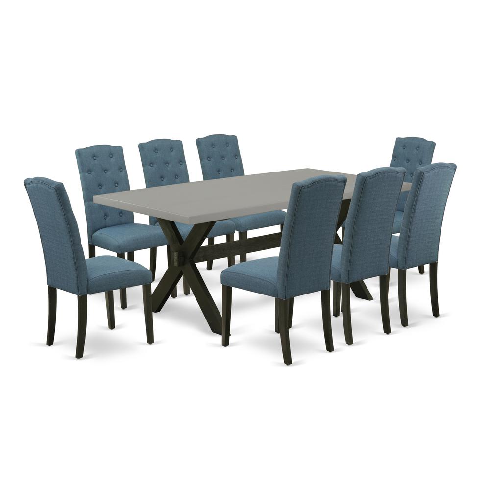 East West Furniture X697CE121-9 9-Pc Dining Room Set - 8 Kitchen Parson Chairs and 1 Modern Rectangular Cement Dining Table Top with Button Tufted Chair Back - Wire Brushed Black Finish. Picture 1