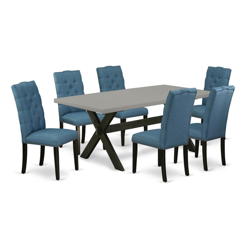 East West Furniture 7-Piece Awesome Rectangular Table Set a Superb Cement Color Wood Table Top and 6 Attractive Linen Fabric Dining Room Chairs with Nail Heads and Button Tufted Chair Back, Wire Brush. Picture 1