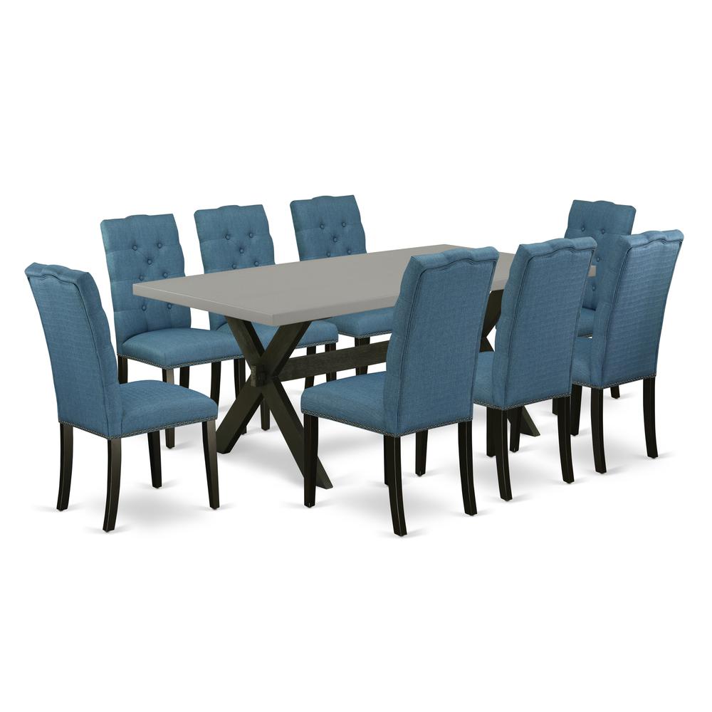 East West Furniture 9-Piece Stylish an Excellent Cement Color Kitchen Table Top and 8 Amazing Linen Fabric Kitchen Parson Chairs with Nail Heads and Button Tufted Chair Back, Wire Brushed Black Finish. Picture 1