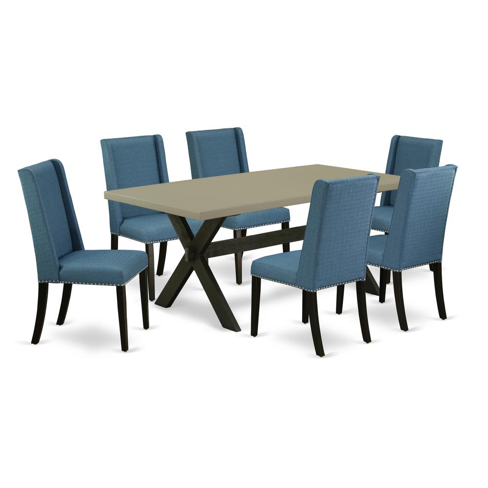 East West Furniture X697FL121-7 - 7-Piece Kitchen Table Set - 6 Parson Dining Chairs and Kitchen Dining Table Hardwood Frame –Button Tufted Back & Linen White Finish. Picture 1