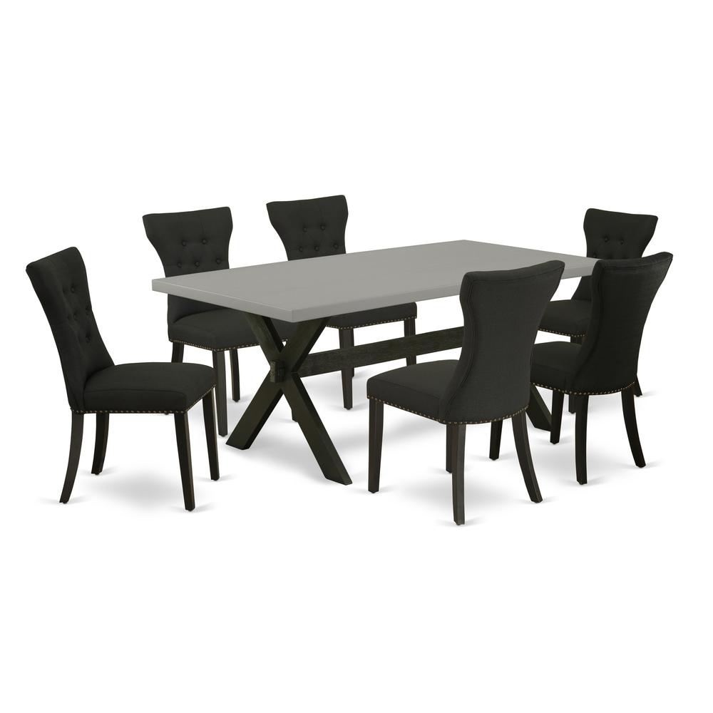 East West Furniture X697GA124-7 7-Pc Kitchen Table Set - 6 Kitchen Parson Chairs and 1 Modern Cement Breakfast Table Top with Button Tufted Chair Back - Wire Brushed Black Finish. Picture 1