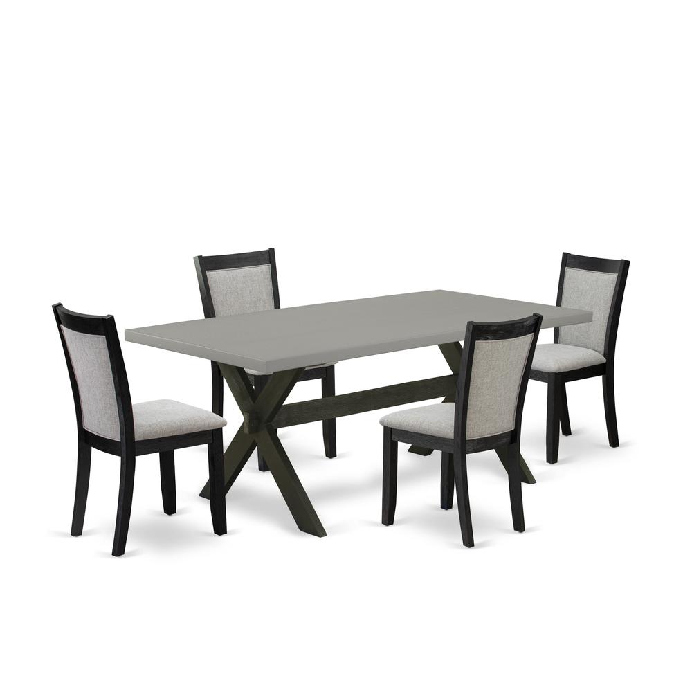 East West Furniture 5 Piece Modern Dining Set - A Cement Top Dinner Table with Trestle Base and 4 Shitake Linen Fabric Wood Dining Chairs - Wire Brushed Black Finish. Picture 1