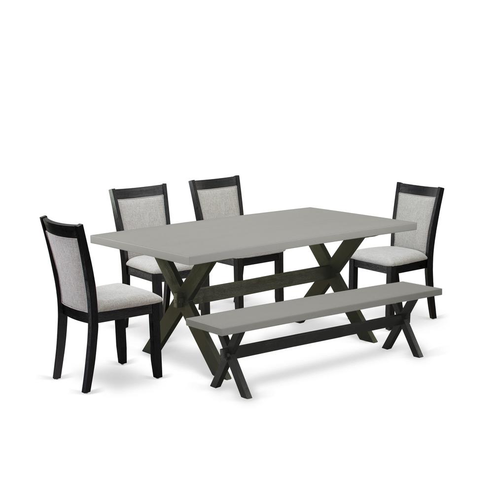 East West Furniture 6 Pc Dining Room Set - Cement Top Dining Table with a Wood Bench and 4 Shitake Linen Fabric Upholstered Kitchen Chairs - Wire Brushed Black Finish. Picture 1