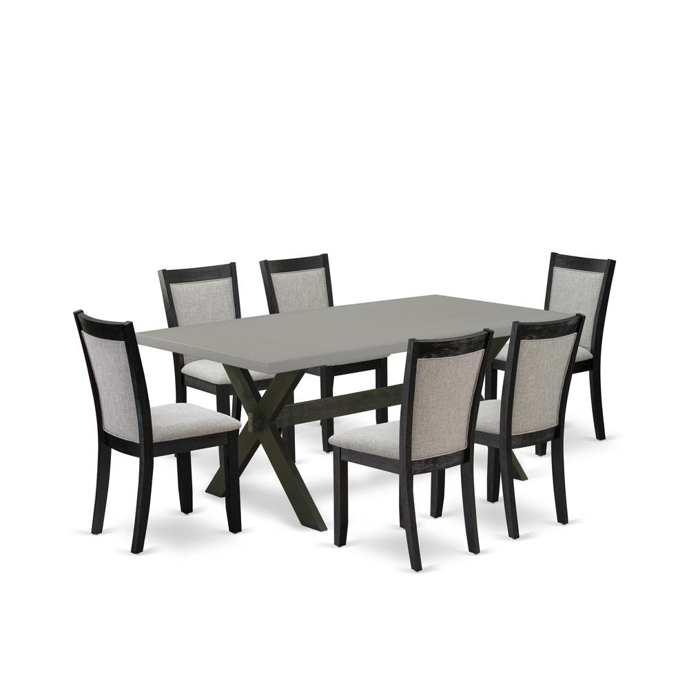 East West Furniture 7 Piece Mid Century Modern Dining Set - Cement Top Wooden Dining Table with Trestle Base and 6 Shitake Linen Fabric Dining Room Chairs - Wire Brushed Black Finish. Picture 1