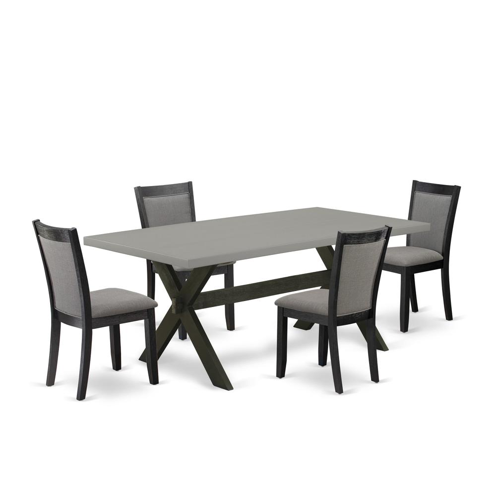 East West Furniture 5 Piece Dining Room Table Set - Cement Top Wood Dining Table with Trestle Base and 4 Dark Gotham Grey Linen Fabric Kitchen Chairs - Wire Brushed Black Finish. Picture 1