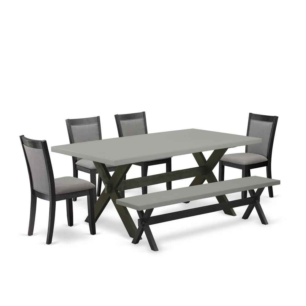 East West Furniture 6 Piece Table Set - Cement Top Modern Dining Table with a Dining Bench and 4 Dark Gotham Grey Linen Fabric Upholstered Parson Chairs - Wire Brushed Black Finish. Picture 1