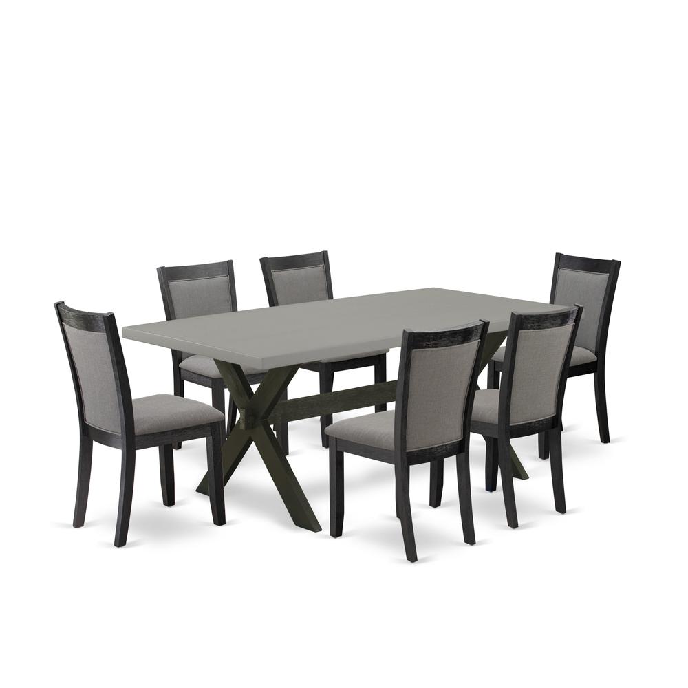 East West Furniture 7 Piece Kitchen Dining Table Set - Cement Top Modern Kitchen Table with Trestle Base and 6 Dark Gotham Grey Linen Fabric Dining Room Chairs - Wire Brushed Black Finish. Picture 1