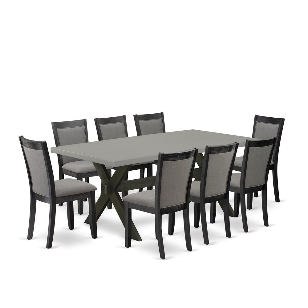 East West Furniture 9 Piece Dining Room Table Set - A Cement Top Wood Table with Trestle Base and 8 Dark Gotham Grey Linen Fabric Wooden Dining Chairs - Wire Brushed Black Finish. Picture 1