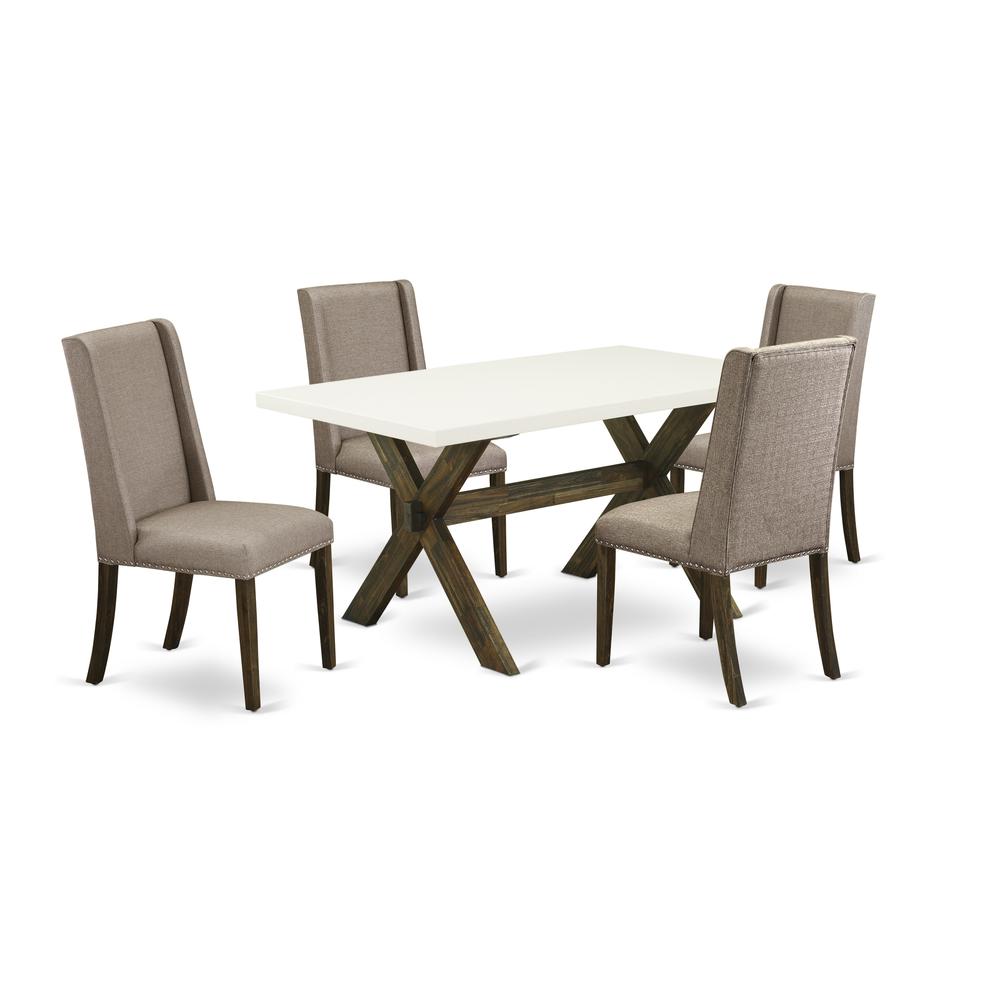 East West Furniture 5-Pc Dining Table Set Included 4 Parson Chair Upholstered Seat and Stylish Chair Back and Rectangular dining table with Linen White Kitchen Dining Table Top - Distressed Jacobean F. Picture 1