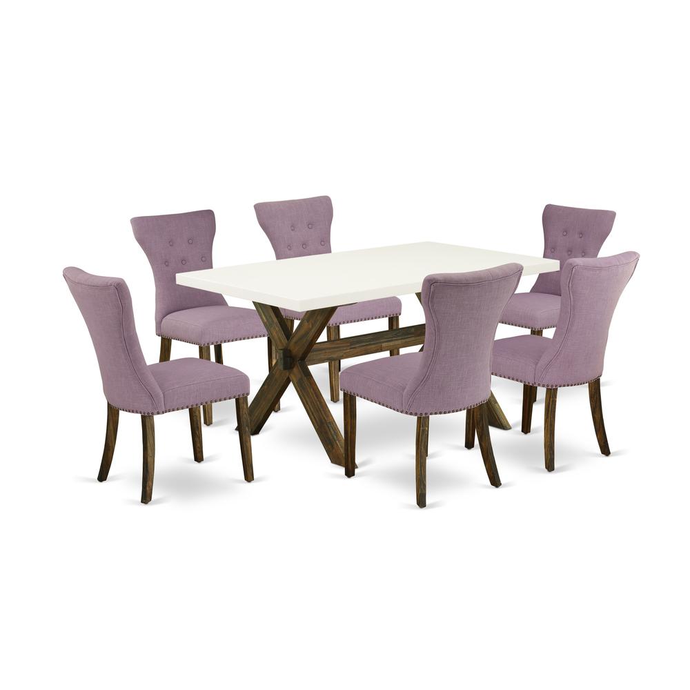 East West Furniture X726GA740-7 7-Piece Dining Table Set- 6 Dining Padded Chairs with Dahlia Linen Fabric Seat and Button Tufted Chair Back - Rectangular Table Top & Wooden Cross Legs - Linen White an. Picture 1