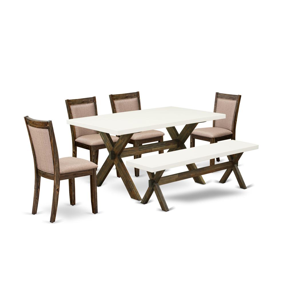 X726MZ716-6 6 Piece Dinning Set- A Kitchen Table in Trestle Base with Wood Bench and 4 Dining Chairs - Distressed Jacobean Finish. Picture 1