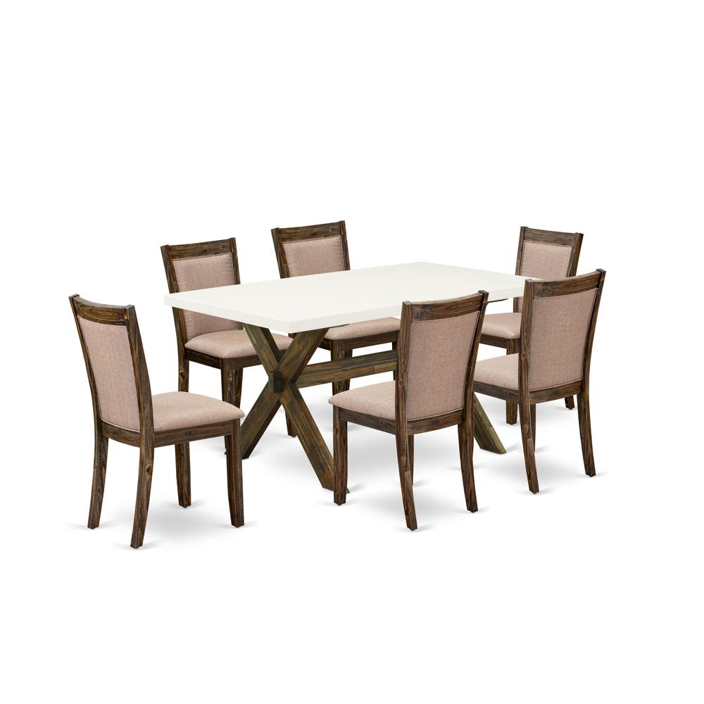 X726MZ716-7 7 Piece Modern Table Set - A Dining Table with Trestle Base and 6 Dining Room Chairs - Distressed Jacobean Finish. Picture 1