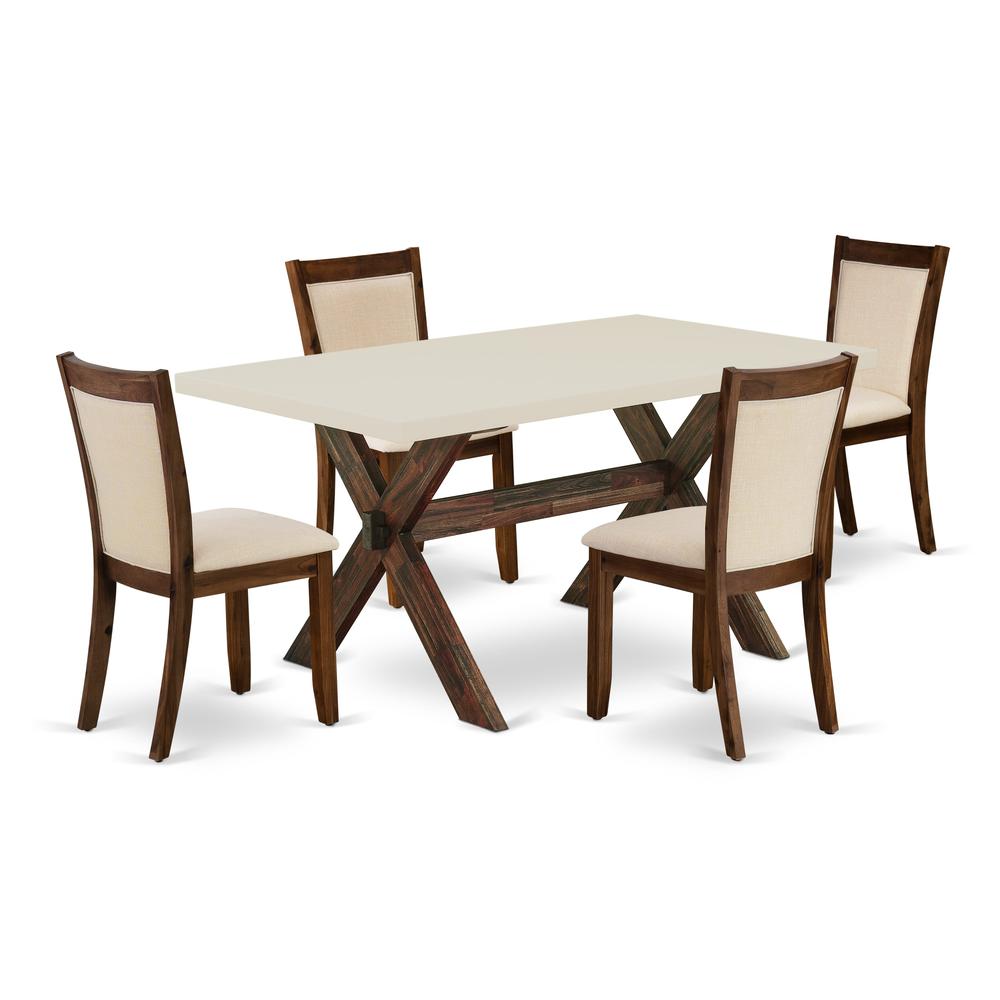 East West Furniture 5-Piece Dining Room Set Contains a Dinning Table and 4 Light Beige Linen Fabric Upholstered Chairs with Stylish Back - Distressed Jacobean Finish. Picture 1