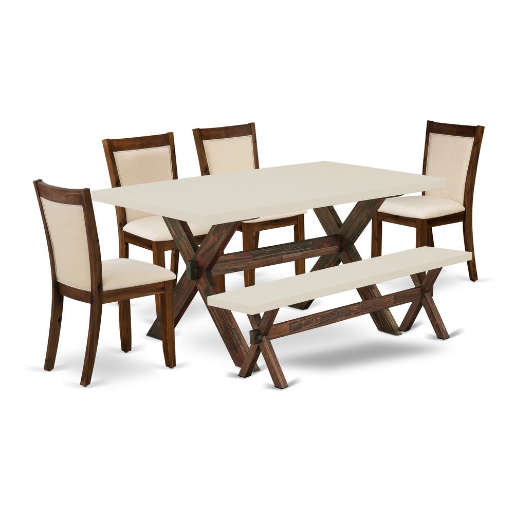 East West Furniture 6-Pc Dining Room Set Includes a Modern Table and a Small Bench with 4 Light Beige Linen Fabric Parson Dining Chairs with Stylish Back - Distressed Jacobean Finish. Picture 1