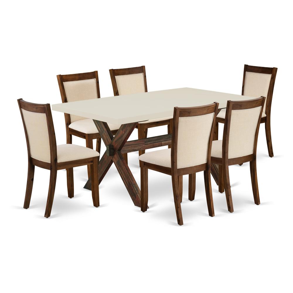 East West Furniture 7-Piece Kitchen Table Set Consists of a Dining Room Table and 6 Light Beige Linen Fabric Dining Room Chairs with Stylish Back - Distressed Jacobean Finish. Picture 1