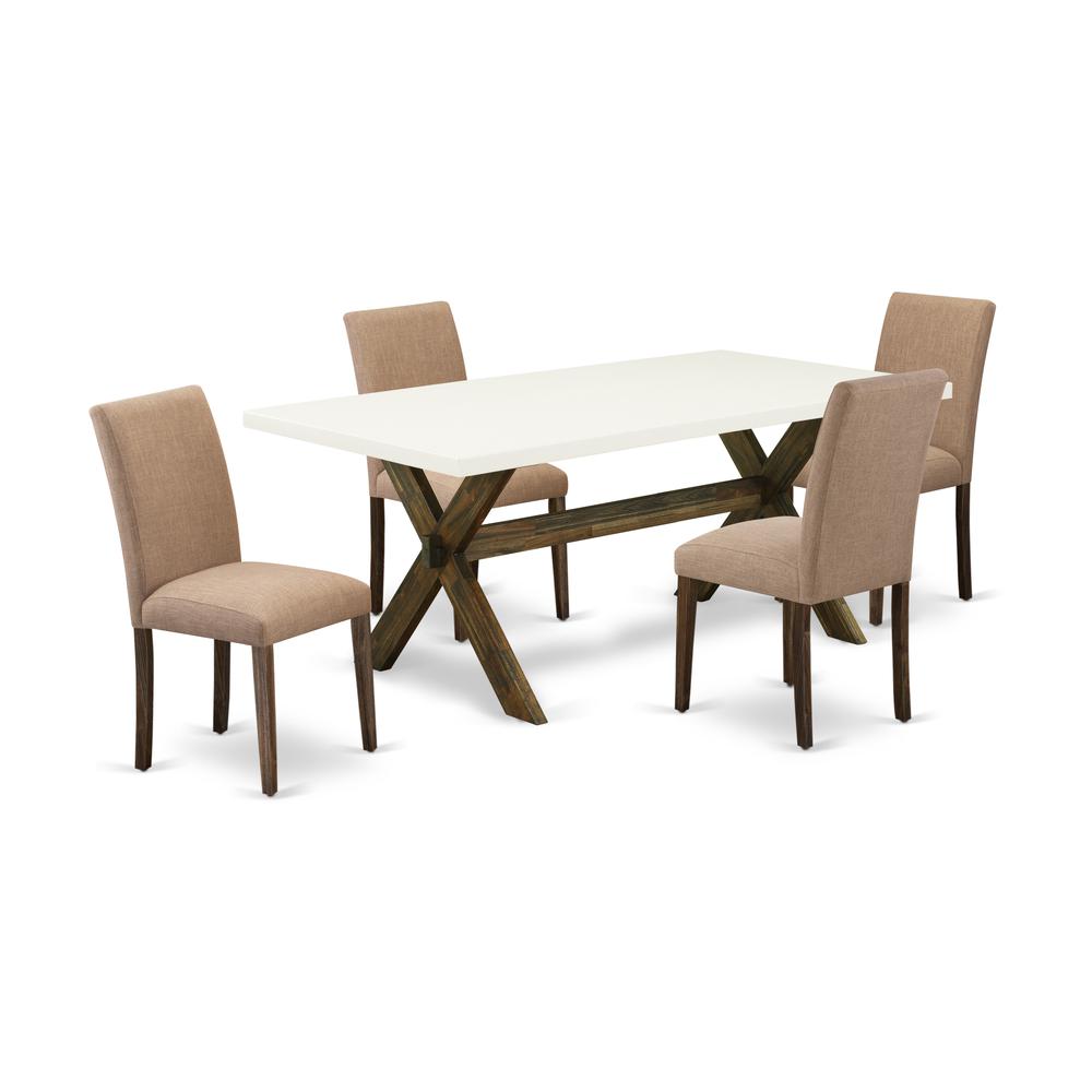 East West Furniture 5-Pc Table and Chairs Dining Set Includes 4 Dining Room Chairs with Upholstered Seat and High Back and a Rectangular Table - Distressed Jacobean Finish. Picture 1