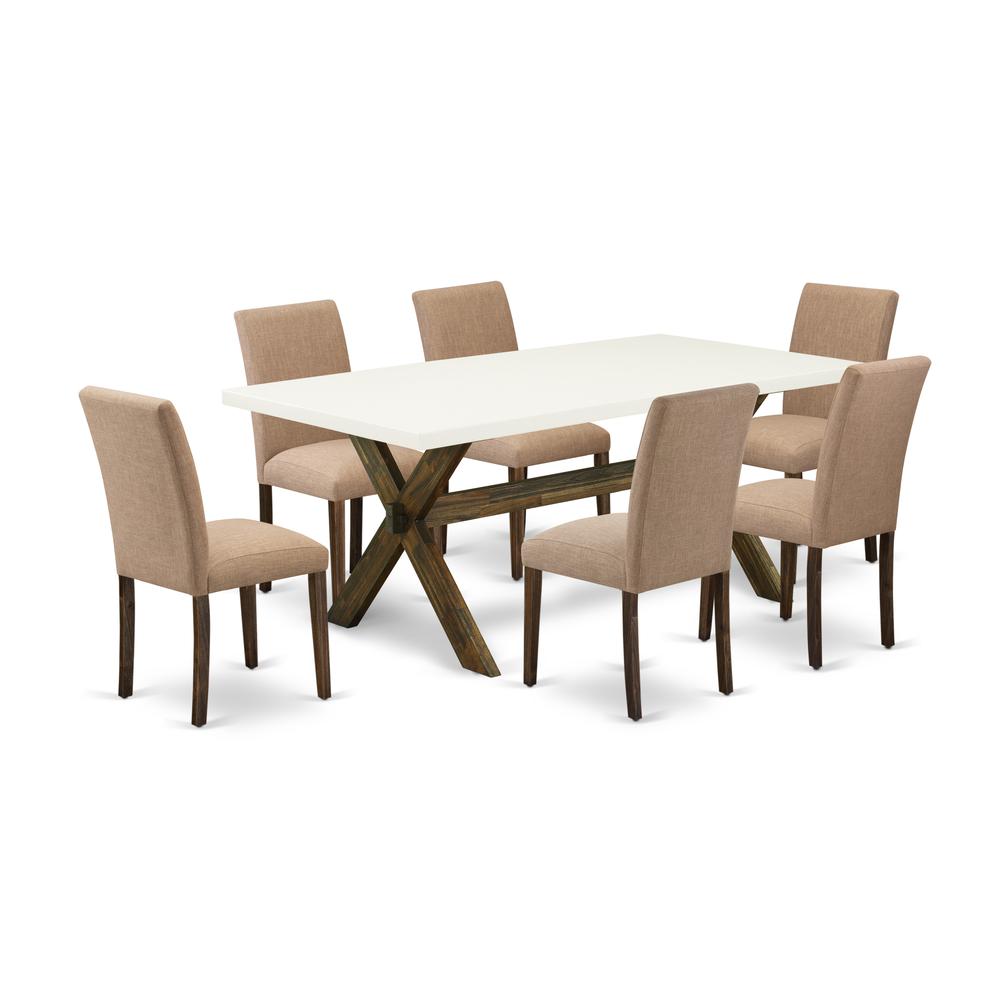 East West Furniture 7-Pc Kitchen and Dining Room Chairs Includes 6 Upholstered Chairs with Upholstered Seat and High Back and a Rectangular Breakfast Table - Distressed Jacobean Finish. Picture 1