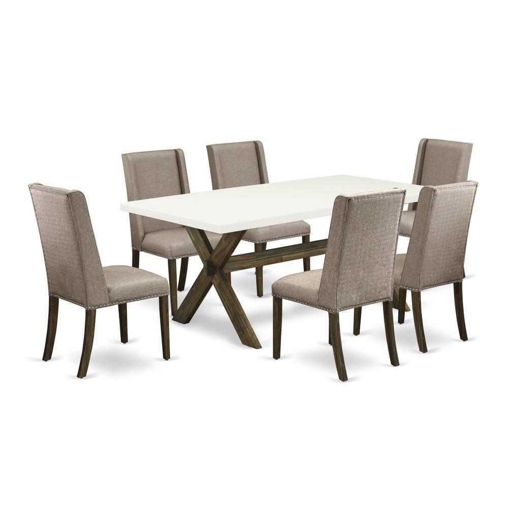 East West Furniture X727FL716-7 - 7-Piece Small Dining Table Set - 6 Dining Room Chairs and a Rectangular Dining Table Solid Wood Frame. Picture 1