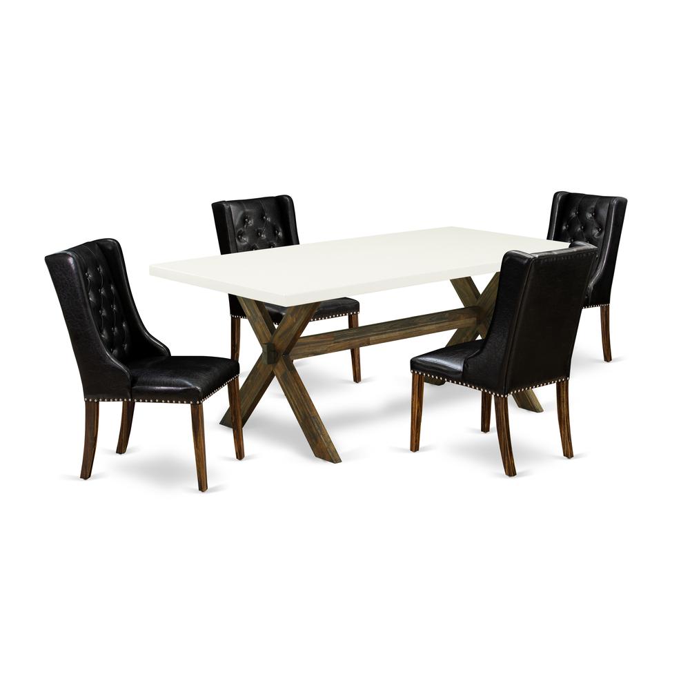 East West Furniture X727FO749-5 5-Piece Dining Set - 4 Black Pu Leather Dining Chair Button Tufted with Nail heads and Modern Dining Table - Distressed Jacobean Finish. Picture 1
