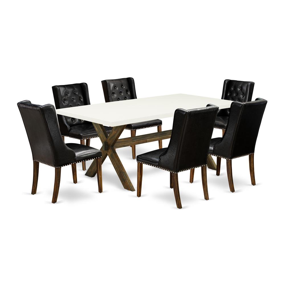 East West Furniture X727FO749-7 7 Pc Kitchen Table Set - 6 Black Pu Leather Dining Chair Button Tufted with Nailheads and Dining Room Table - Distressed Jacobean Finish. Picture 1